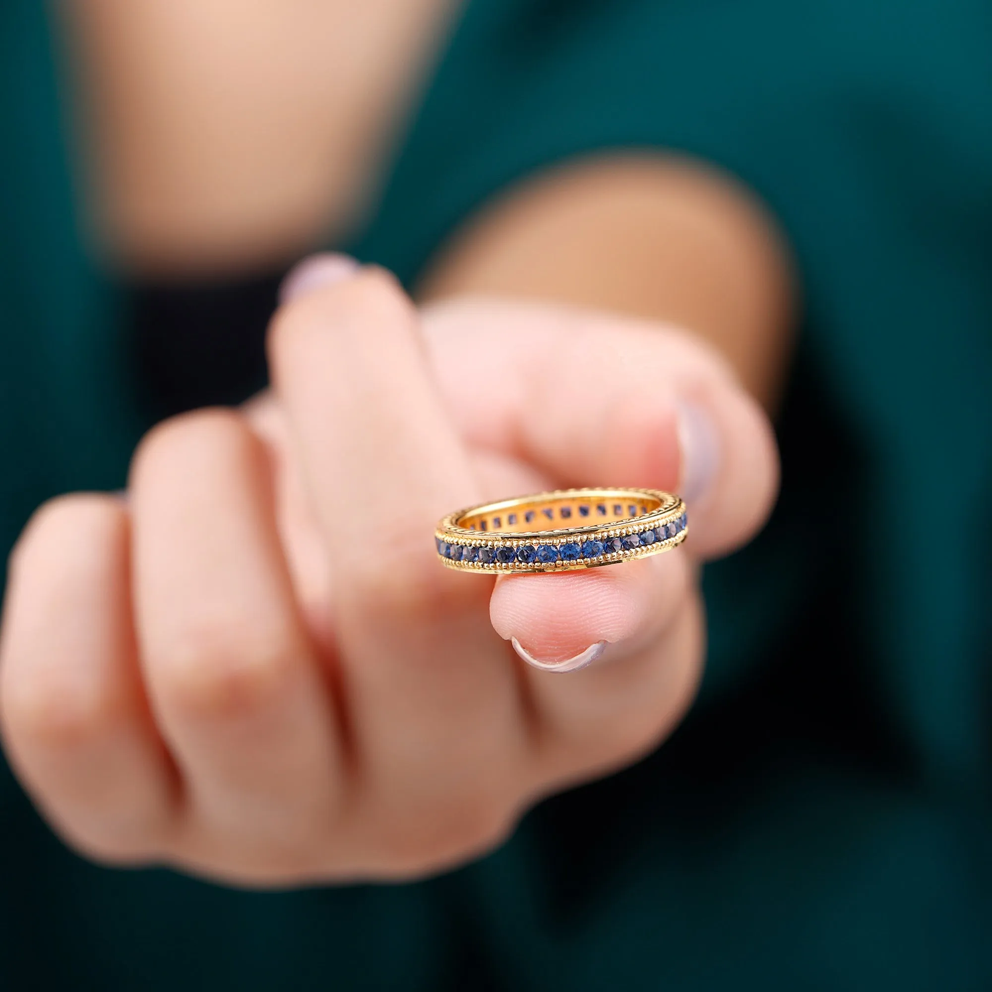 1 CT Created Blue Sapphire Eternity Ring with Milgrain Details