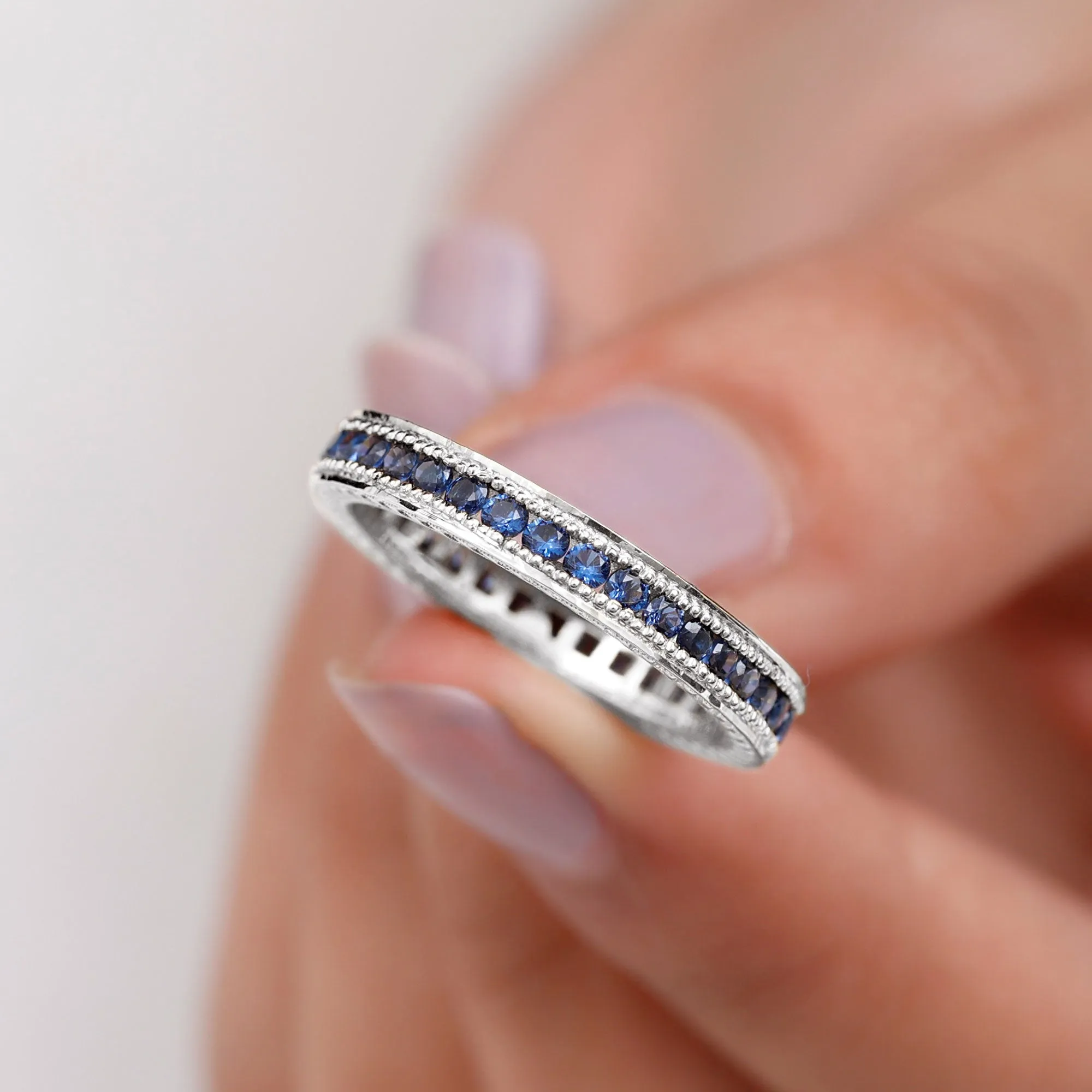 1 CT Created Blue Sapphire Eternity Ring with Milgrain Details
