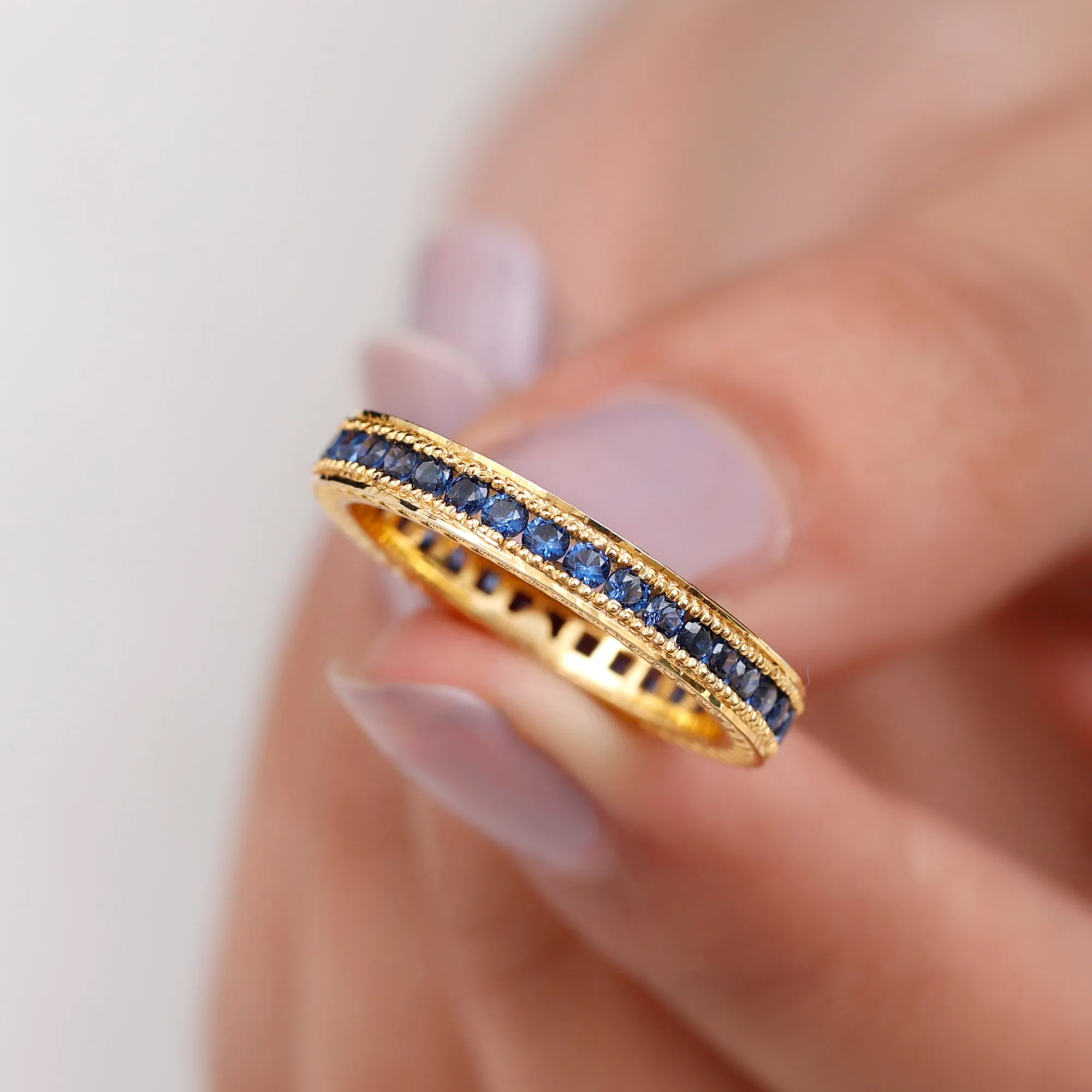 1 CT Created Blue Sapphire Eternity Ring with Milgrain Details