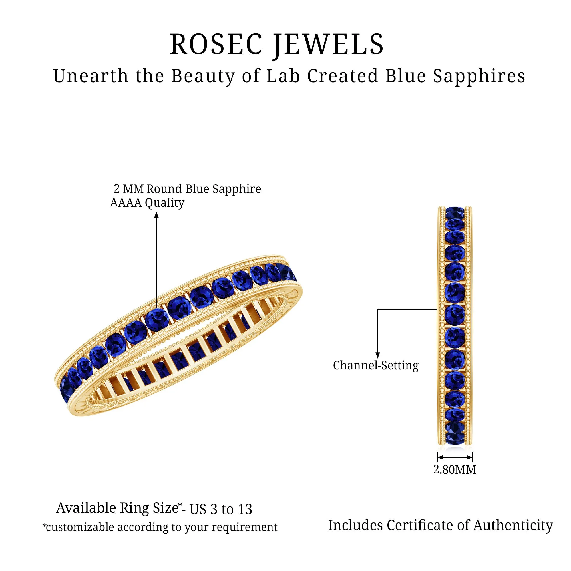 1 CT Created Blue Sapphire Eternity Ring with Milgrain Details