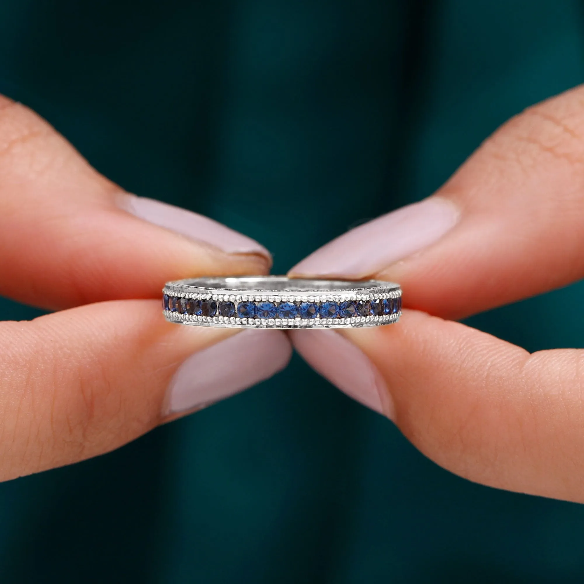 1 CT Created Blue Sapphire Eternity Ring with Milgrain Details
