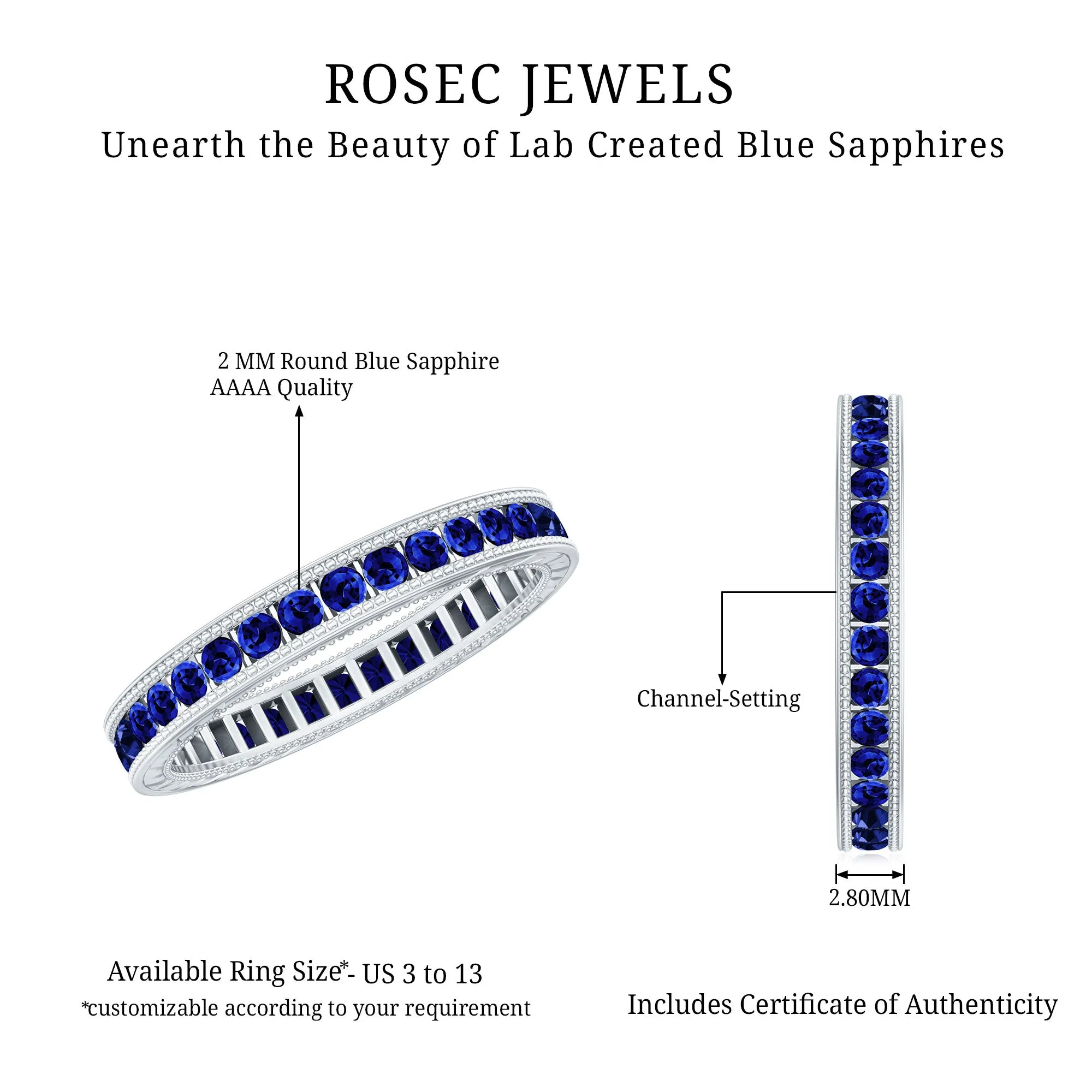 1 CT Created Blue Sapphire Eternity Ring with Milgrain Details