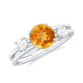 1 CT Real Citrine Double Band Ring with Diamond Stones
