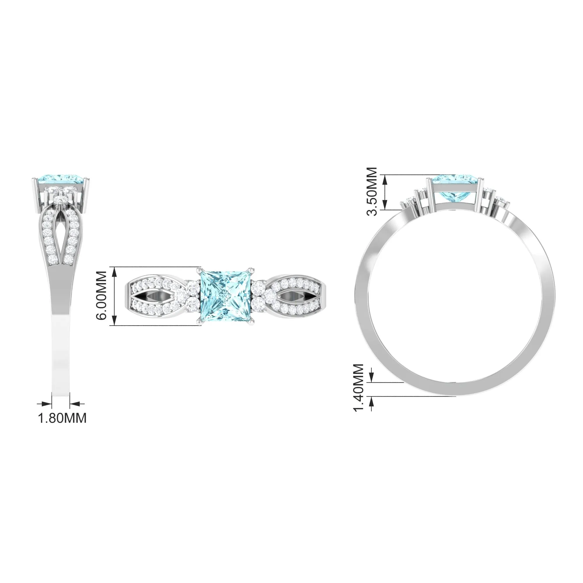 1 CT Split Shank Blue Aquamarine and Diamond Engagement Ring