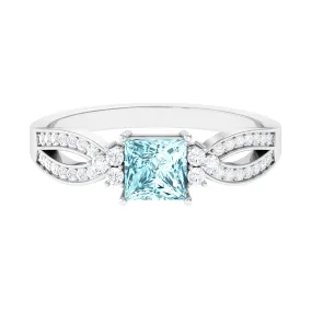 1 CT Split Shank Blue Aquamarine and Diamond Engagement Ring