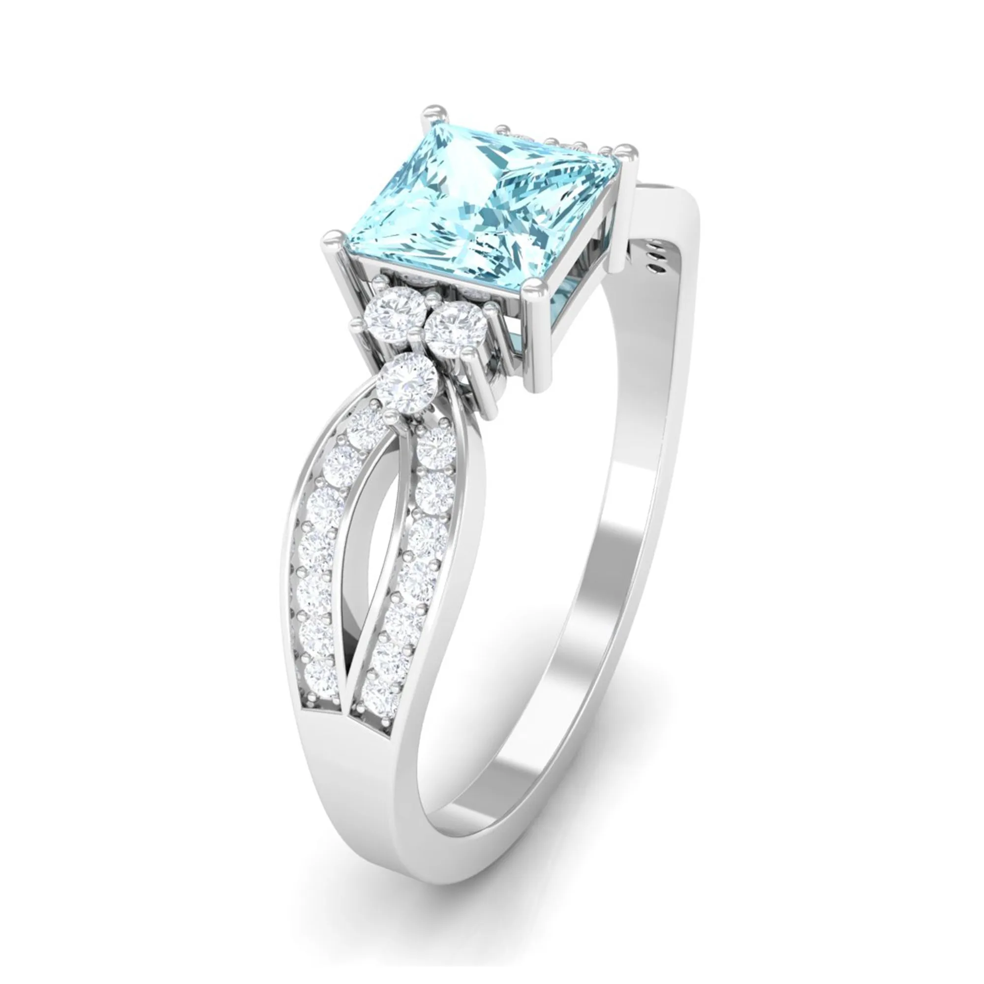 1 CT Split Shank Blue Aquamarine and Diamond Engagement Ring