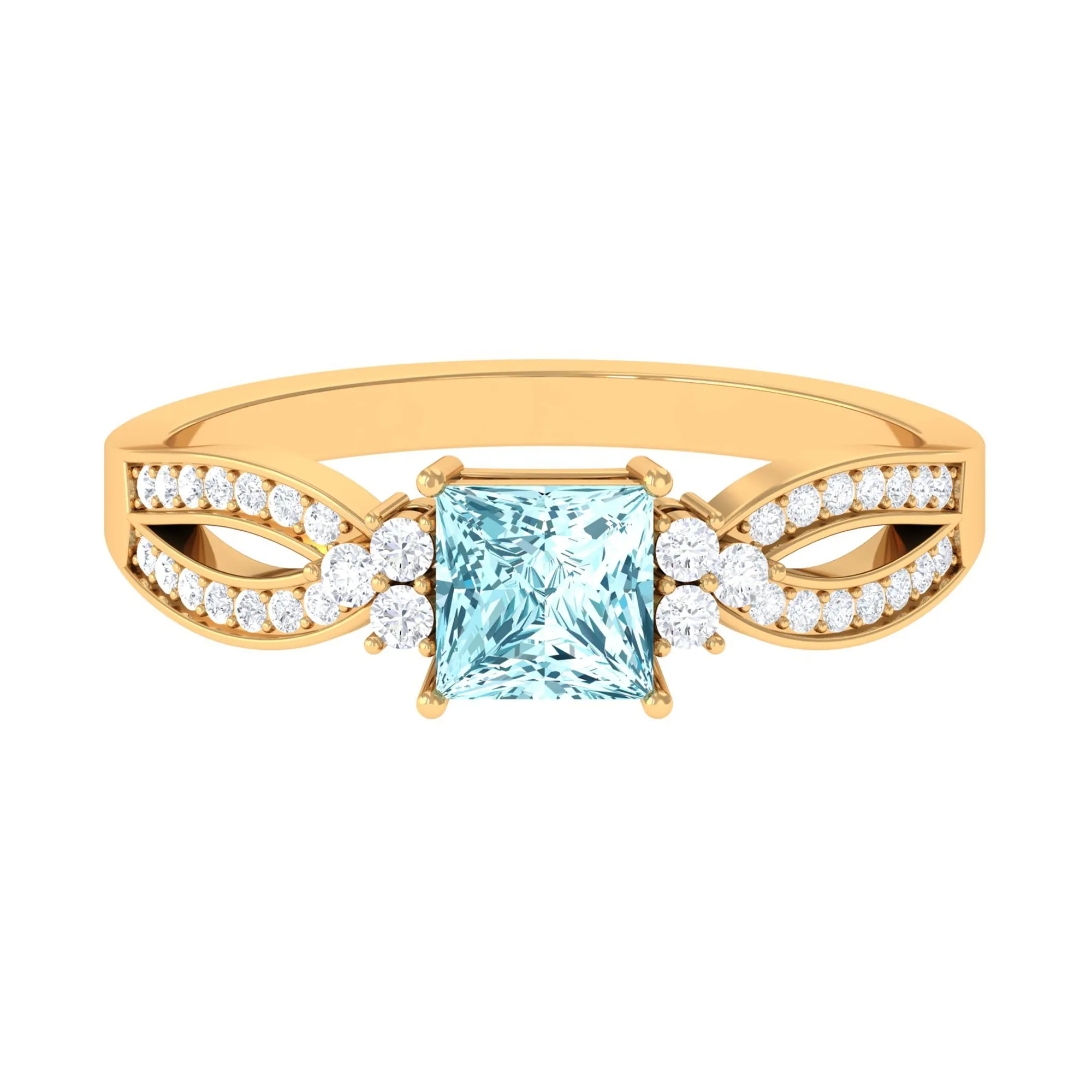 1 CT Split Shank Blue Aquamarine and Diamond Engagement Ring