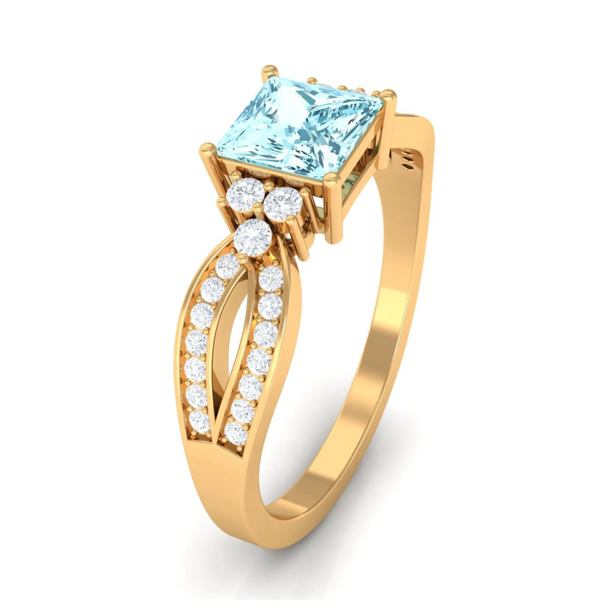 1 CT Split Shank Blue Aquamarine and Diamond Engagement Ring
