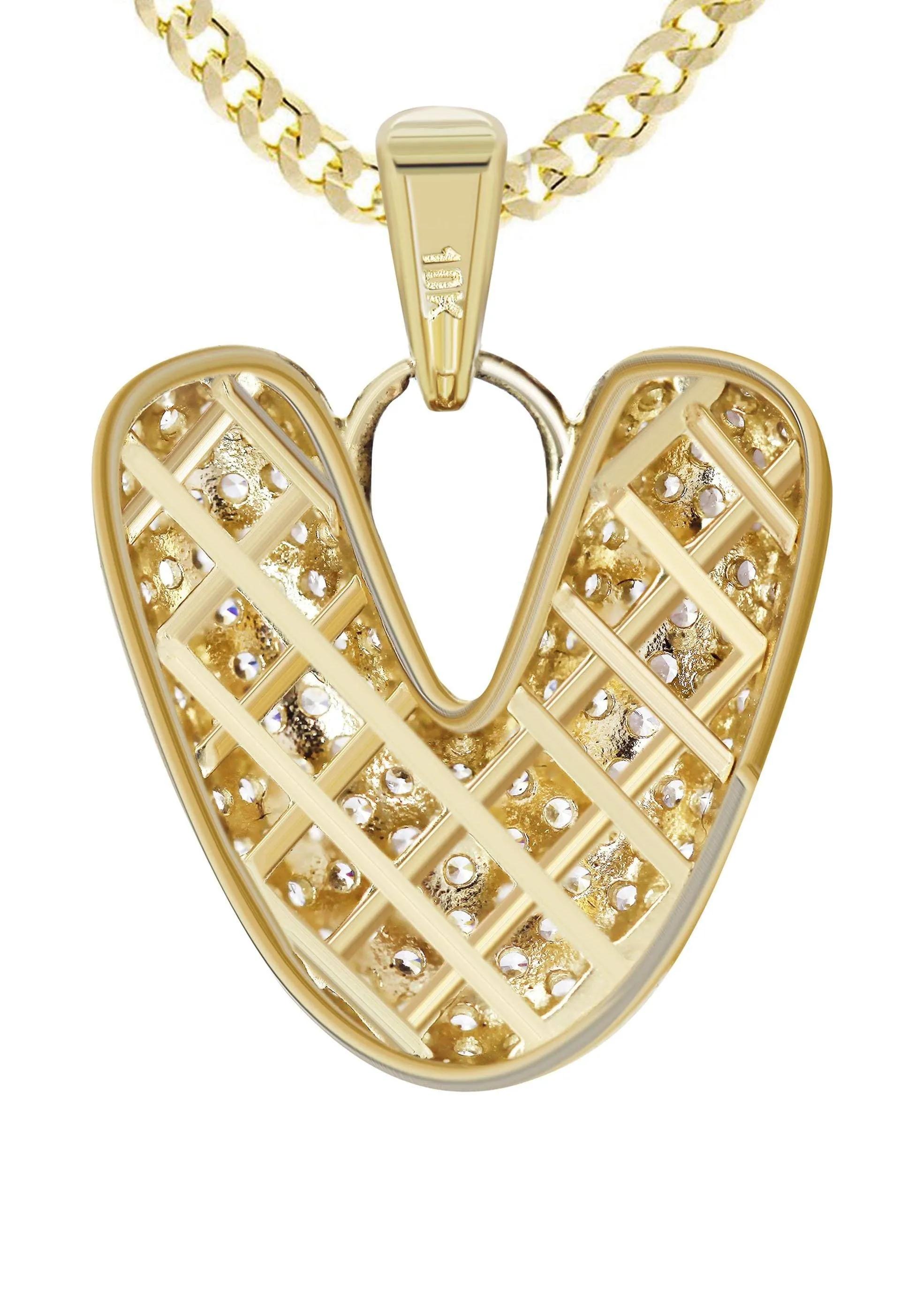 10K Yellow Gold Bubble Letter "V" CZ Necklace | Appx. 13.1 Grams