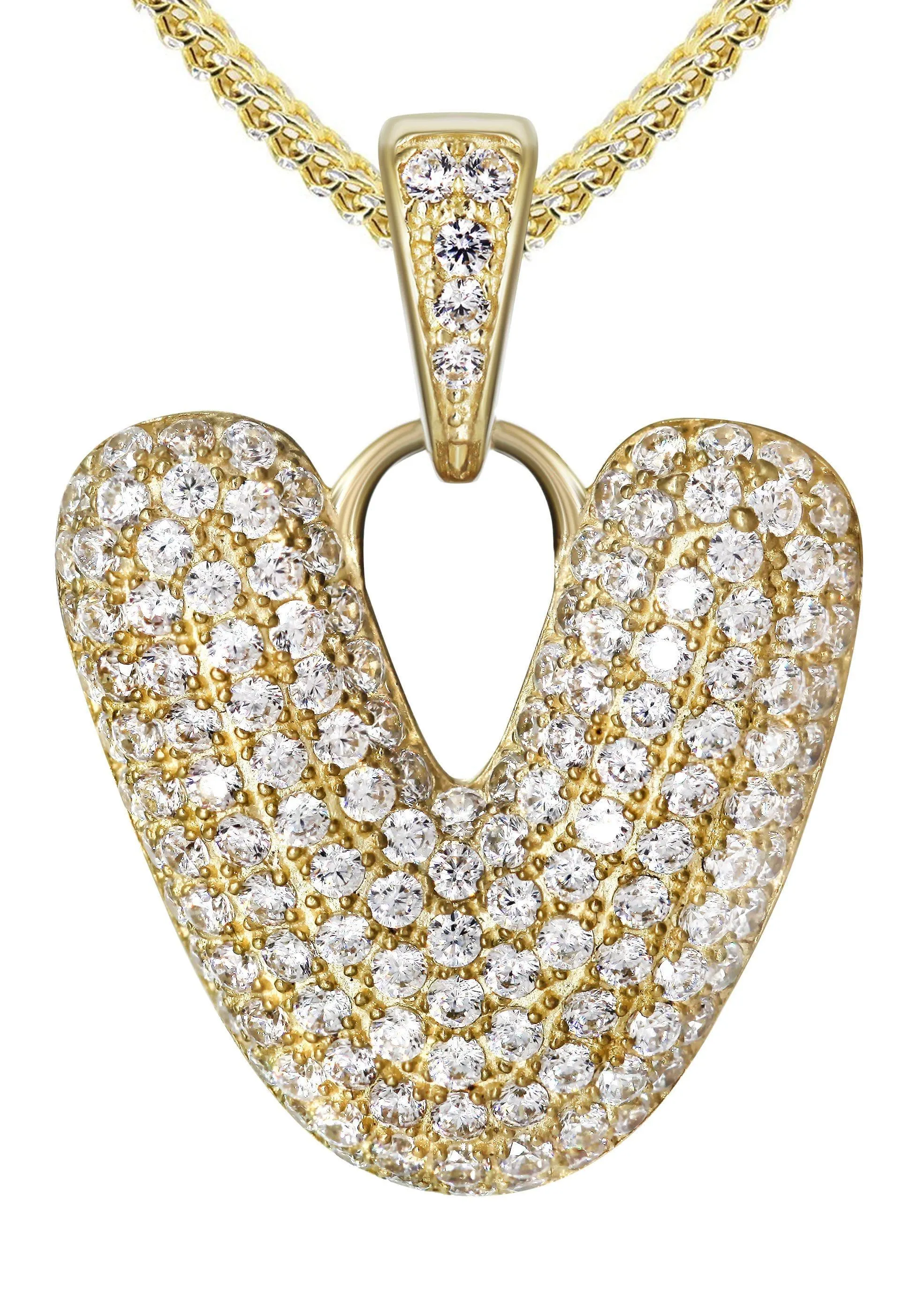 10K Yellow Gold Bubble Letter "V" CZ Necklace | Appx. 13.1 Grams