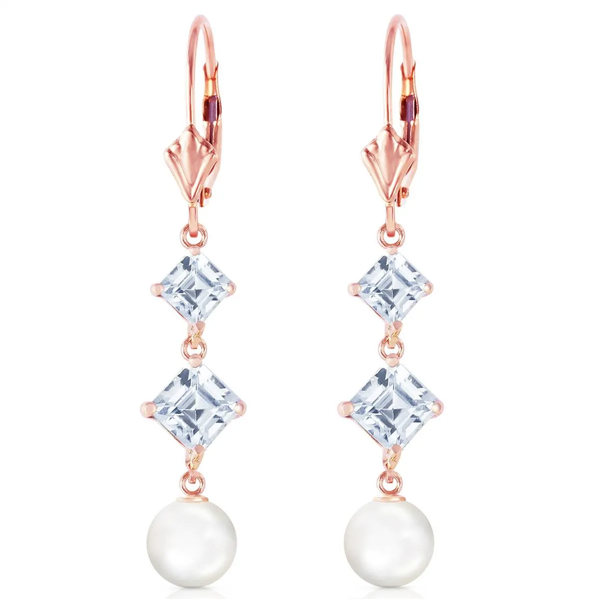 14K Solid Rose Gold Chandelier Aquamarine/Pearl Earrings