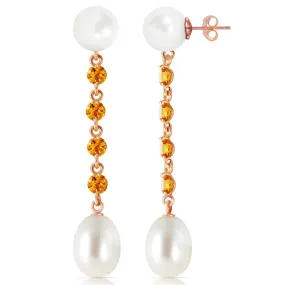 14K Solid Rose Gold Chandelier Citrine/Pearl Earrings