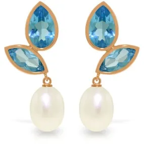 14K Solid Rose Gold Chandelier Earrings w/ Pearls & Blue Topaz