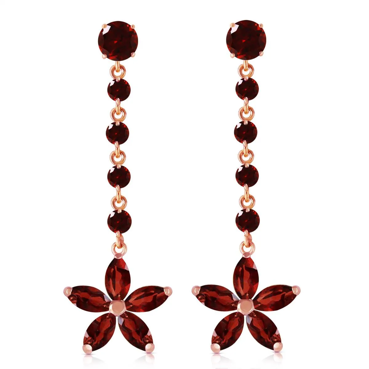 14K Solid Rose Gold Chandelier Flower Garnet Earrings