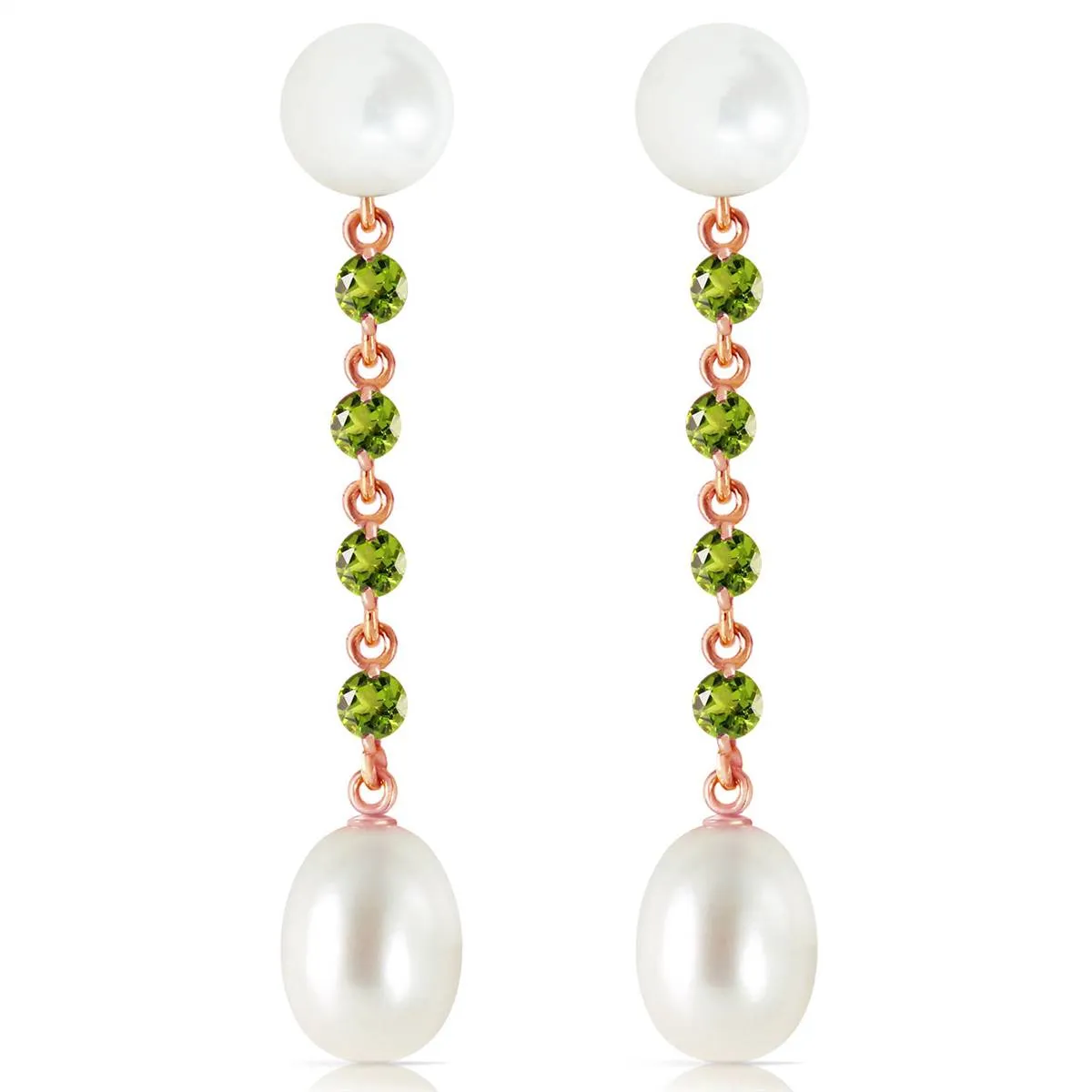 14K Solid Rose Gold Chandelier Peridot/Pearl Earrings