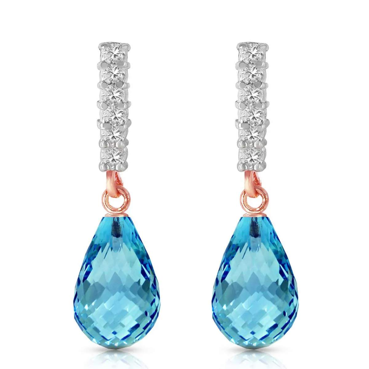 14K Solid Rose Gold Diamond & Blue Topaz Genuine Earrings