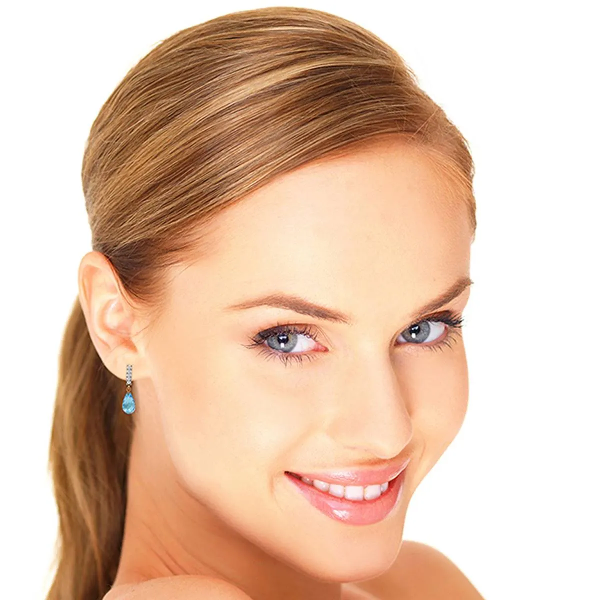 14K Solid Rose Gold Diamond & Blue Topaz Genuine Earrings