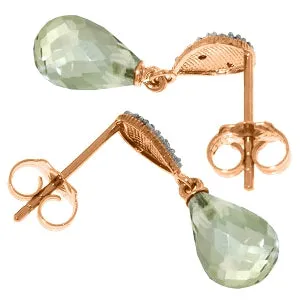 14K Solid Rose Gold Diamond & Green Amethyst Fine Earrings