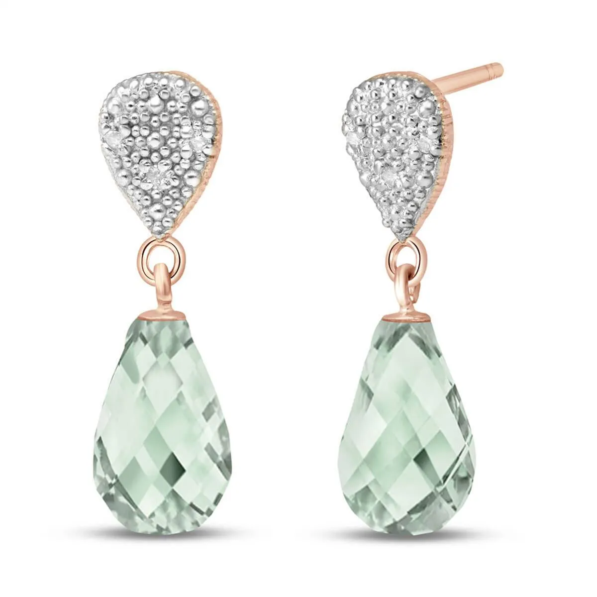 14K Solid Rose Gold Diamond & Green Amethyst Fine Earrings