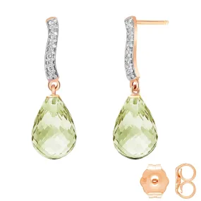 14K Solid Rose Gold Diamond & Green Amethyst Real Earrings