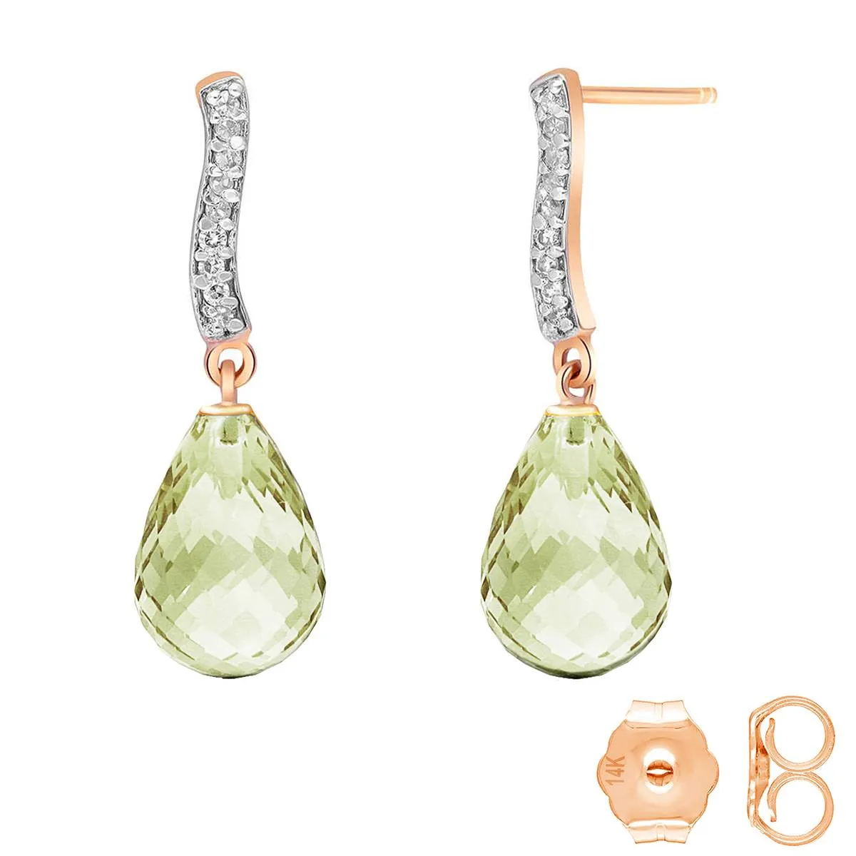 14K Solid Rose Gold Diamond & Green Amethyst Real Earrings