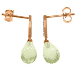 14K Solid Rose Gold Diamond & Green Amethyst Real Earrings