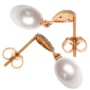 14K Solid Rose Gold Diamond & Pearl Gemstone Earrings