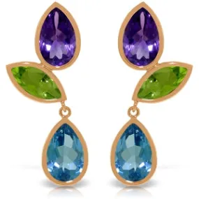14K Solid Rose Gold Earrings w/ Amethysts, Peridots & Blue Topaz