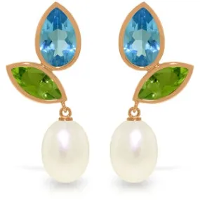 14K Solid Rose Gold Earrings w/ Peridots, Blue Topaz & Pearls