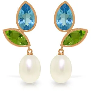 14K Solid Rose Gold Earrings w/ Peridots, Blue Topaz & Pearls