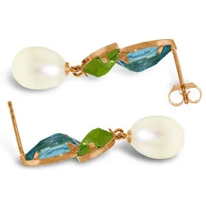 14K Solid Rose Gold Earrings w/ Peridots, Blue Topaz & Pearls