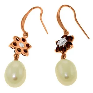 14K Solid Rose Gold Fish Hook Earrings w/ Diamonds, Garnets & Pearls