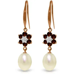 14K Solid Rose Gold Fish Hook Earrings w/ Diamonds, Garnets & Pearls