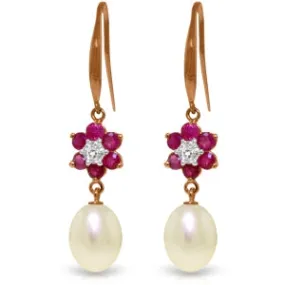 14K Solid Rose Gold Fish Hook Earrings w/ Diamonds, Rubies & Pearls