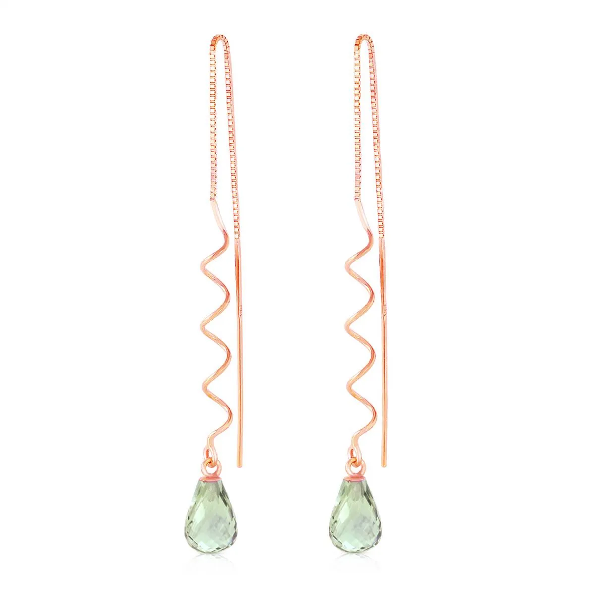 14K Solid Rose Gold Threaded Dangle Earrings w/ Green Amethyst