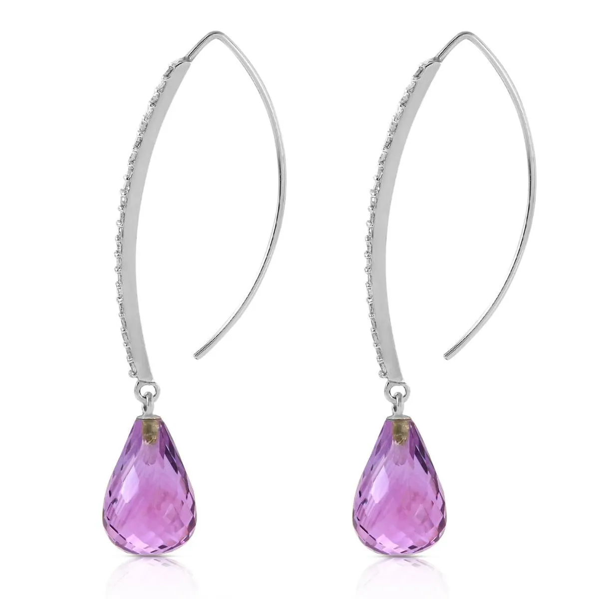 14K Solid White Gold Diamonds Fish Hook Earrings w/ Dangling Briolette Amethysts