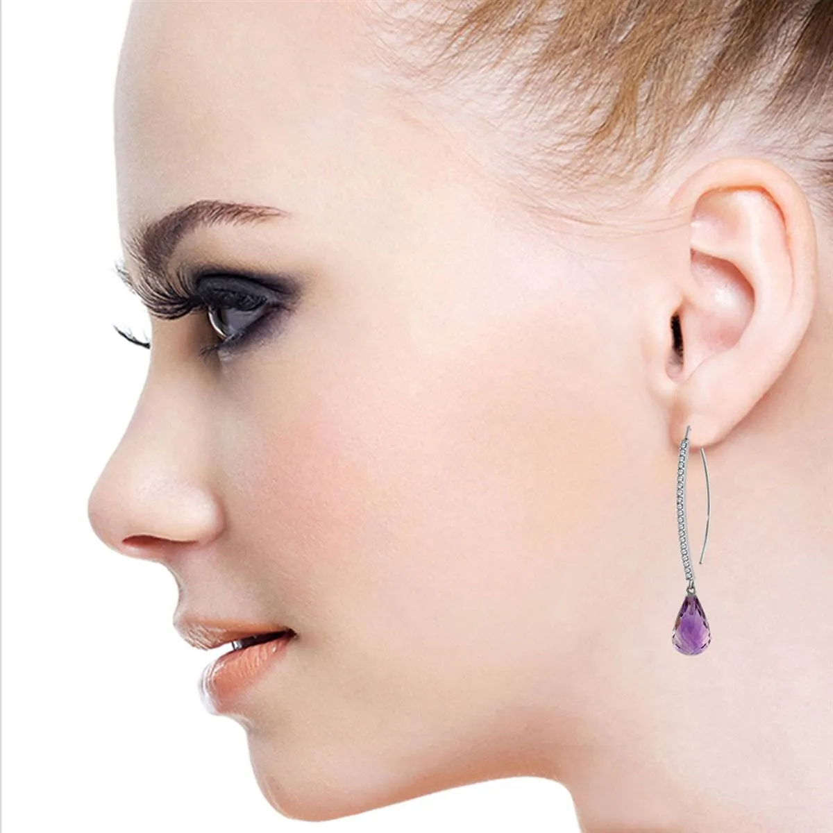 14K Solid White Gold Diamonds Fish Hook Earrings w/ Dangling Briolette Amethysts
