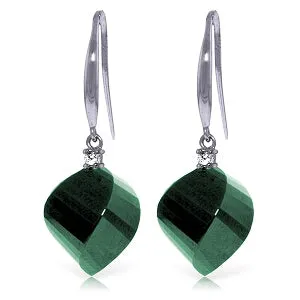 14K Solid White Gold Fish Hook Earrings Diamond & Emerald Gemstone