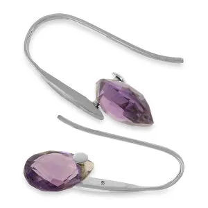 14K Solid White Gold Fish Hook Earrings w/ Dangling Briolette Amethysts