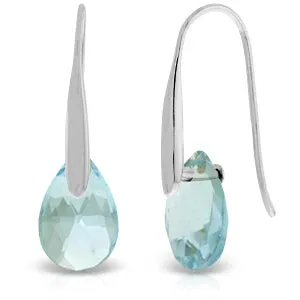 14K Solid White Gold Fish Hook Earrings w/ Dangling Briolette Blue Topaz