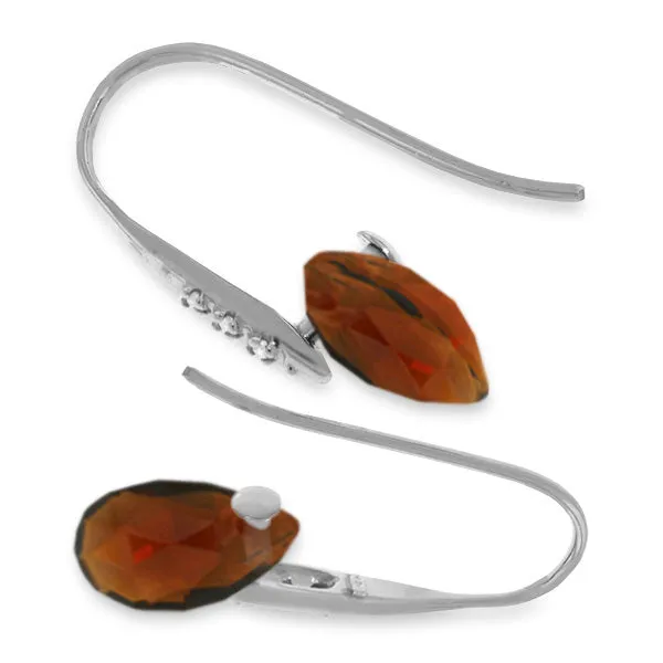 14K Solid White Gold Fish Hook Earrings w/ Diamonds & Dangling Briolette Garnets
