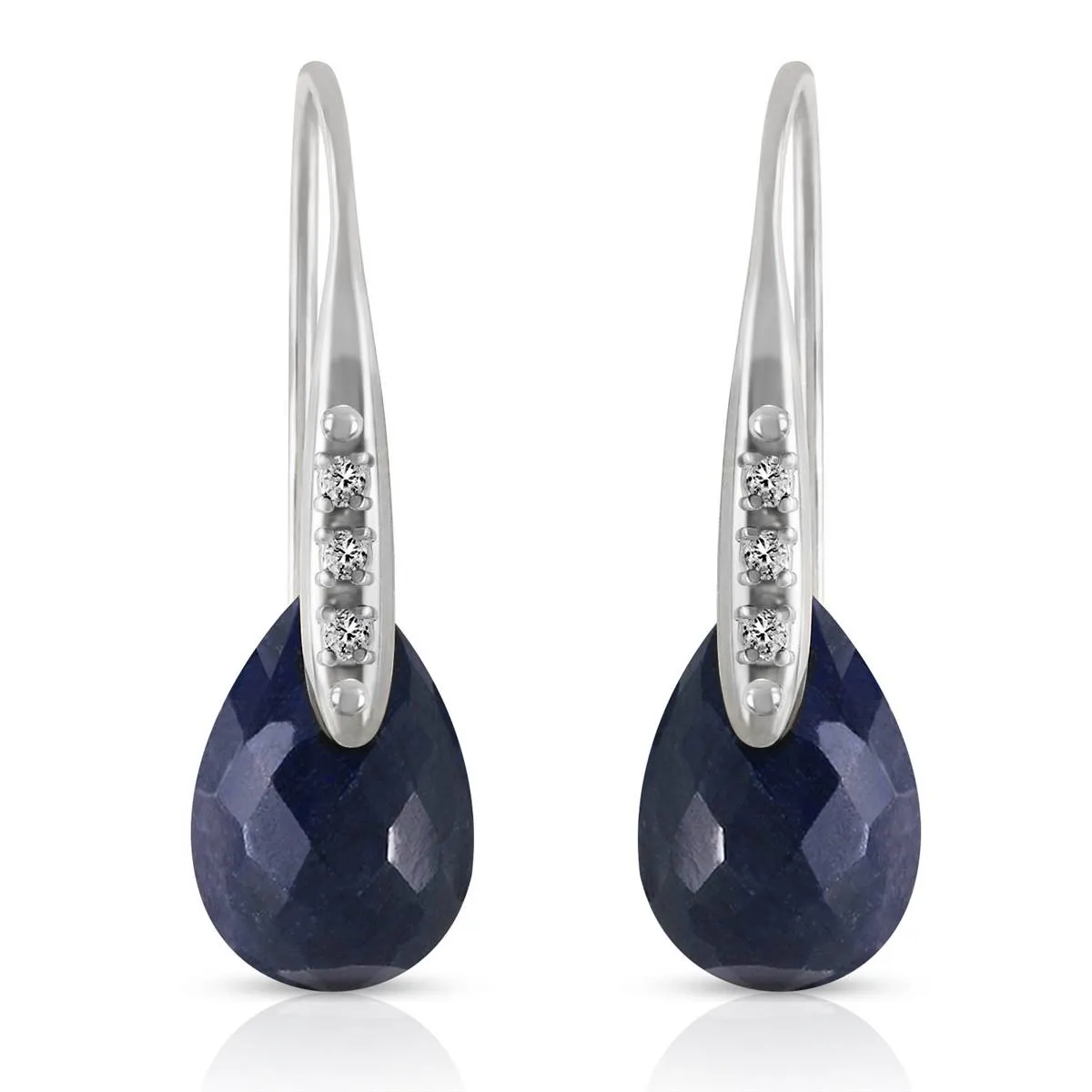 14K Solid White Gold Fish Hook Earrings w/ Diamonds & Dangling Dyed Sapphires