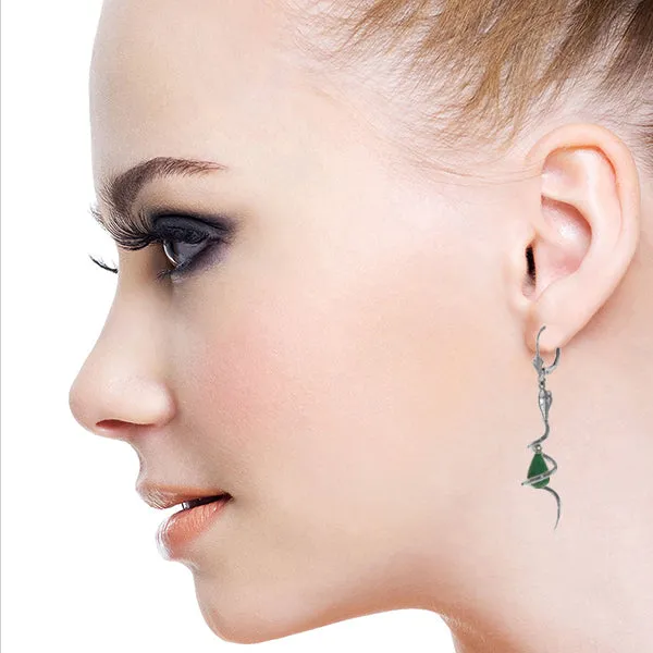 14K Solid White Gold Snake Earrings w/ Briolette Green Dyed Sapphire & Diamonds