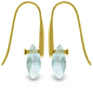14K Solid Yellow Gold Fish Hook Earrings w/ Dangling Briolette Blue Topaz