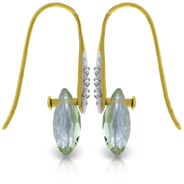 14K Solid Yellow Gold Fish Hook Earrings w/ Diamonds & Dangling Briolette Green Amethyst