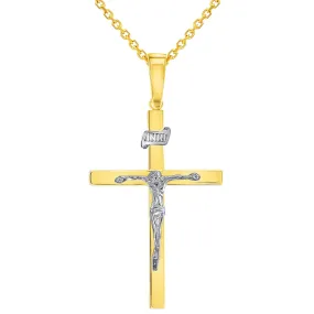 14k Two-Tone Gold 3D INRI Catholic Christian Crucifix Cross Pendant Necklace