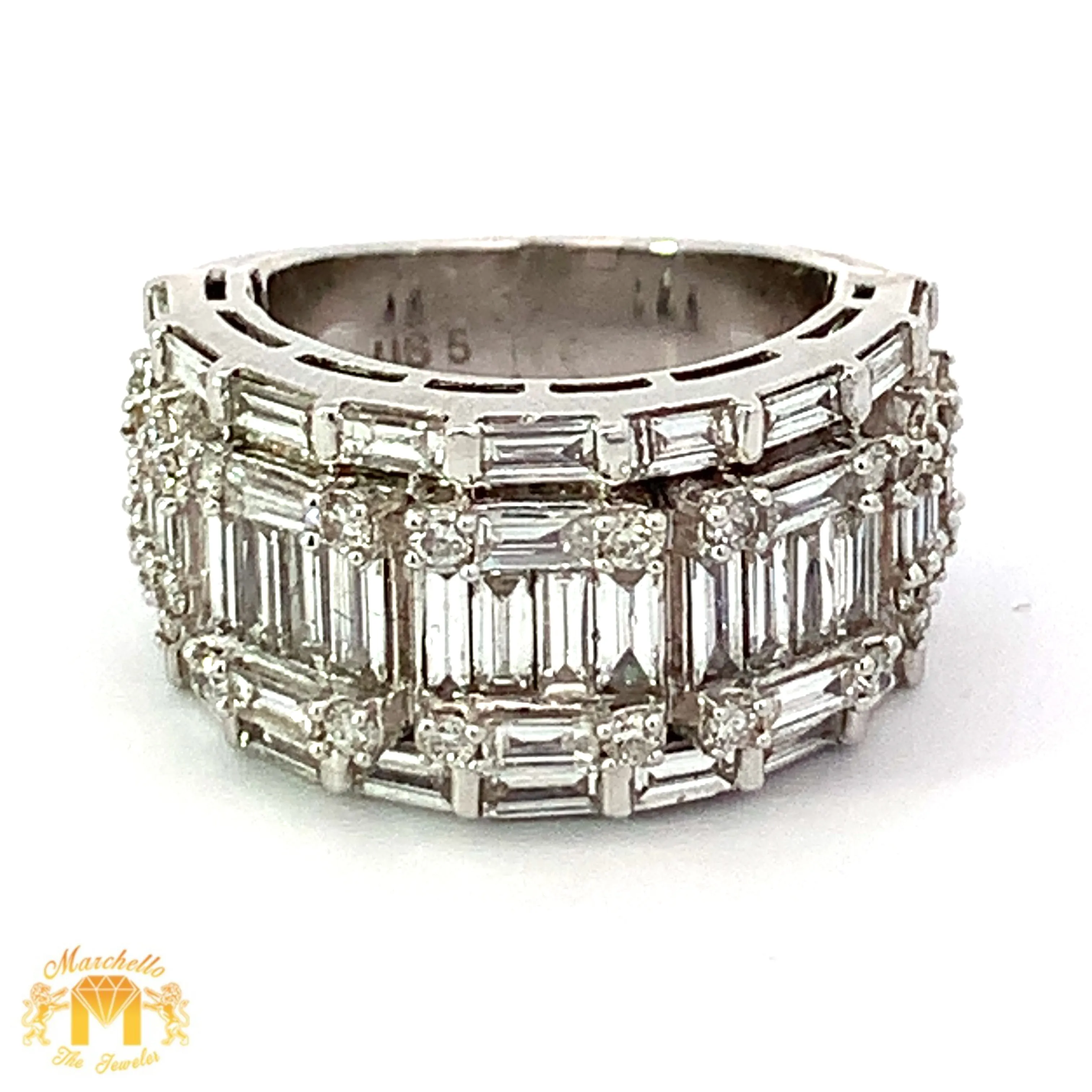 14k White Gold Wedding Band Diamond Ring with Baguette and Round Diamonds