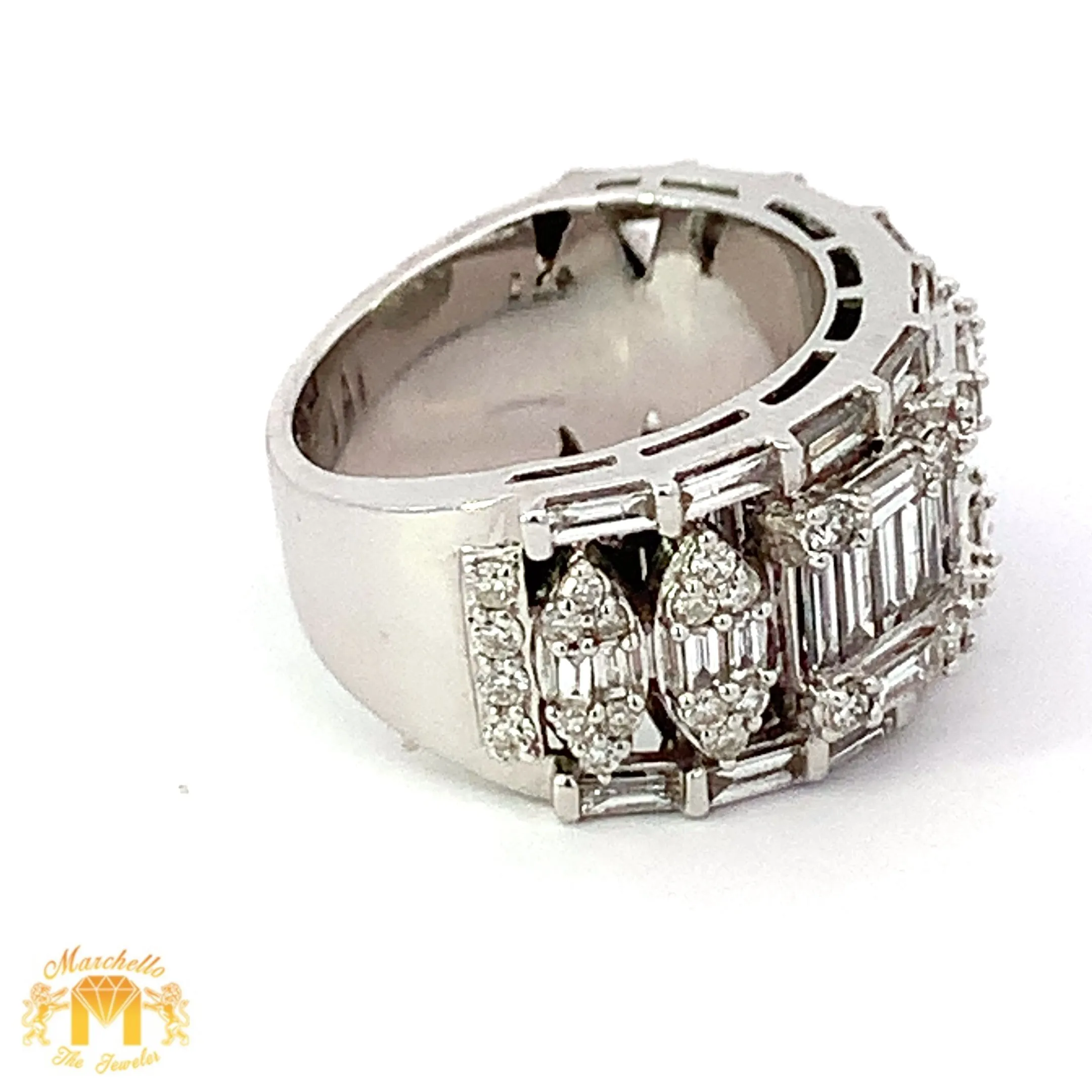 14k White Gold Wedding Band Diamond Ring with Baguette and Round Diamonds