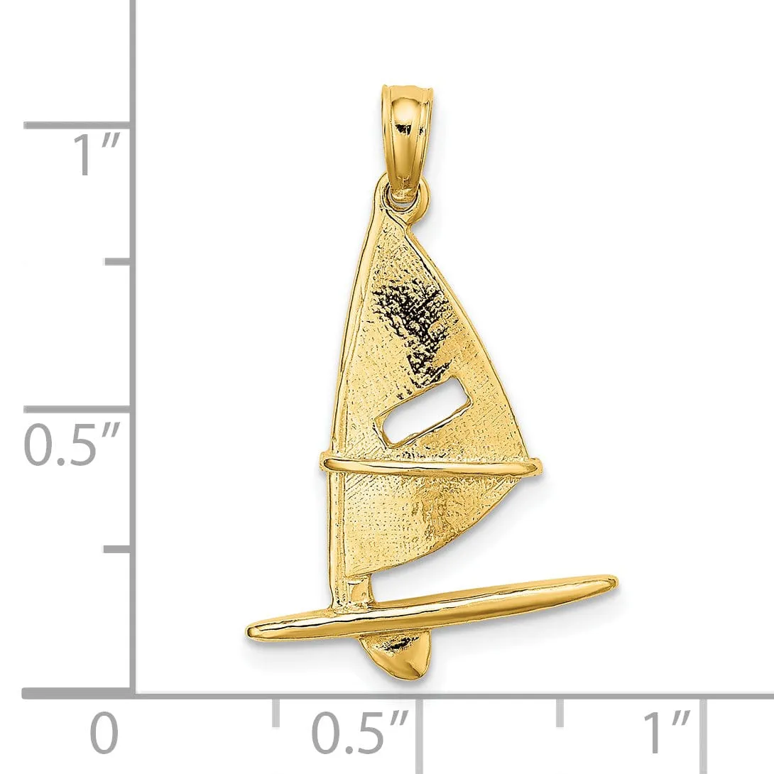 14K Yellow Gold 3-Dimensional Textured Polished Finish Windsail Surfing Board Charm Pendant