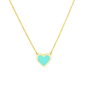 14K Yellow Gold Light Turquoise Enamel Bezel Heart Necklace